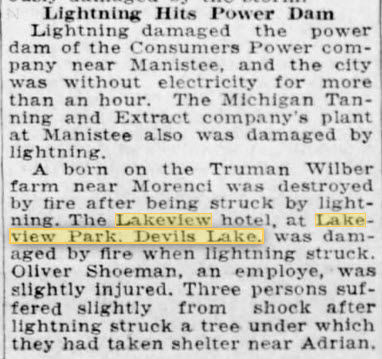 Devils Lake Amusement Park - July 28 1928 Article On Lightning Strike